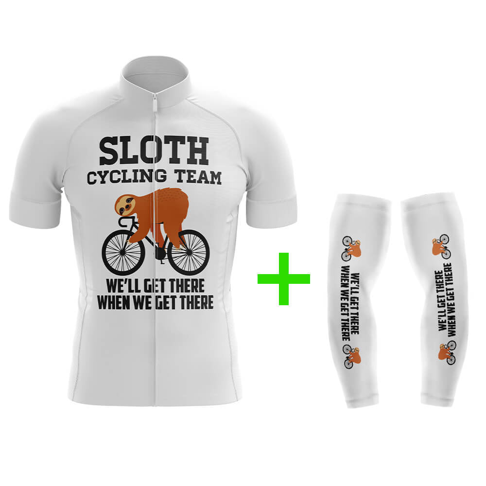 Funny Cycling Jersey With Arm Sleeves Sloth Cycling Team V2 White Mens Bike Jersey