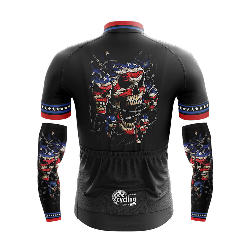Cool Cycling Jersey With Arm Sleeves USA Flag Skull V3 Mens Black Bike Jersey